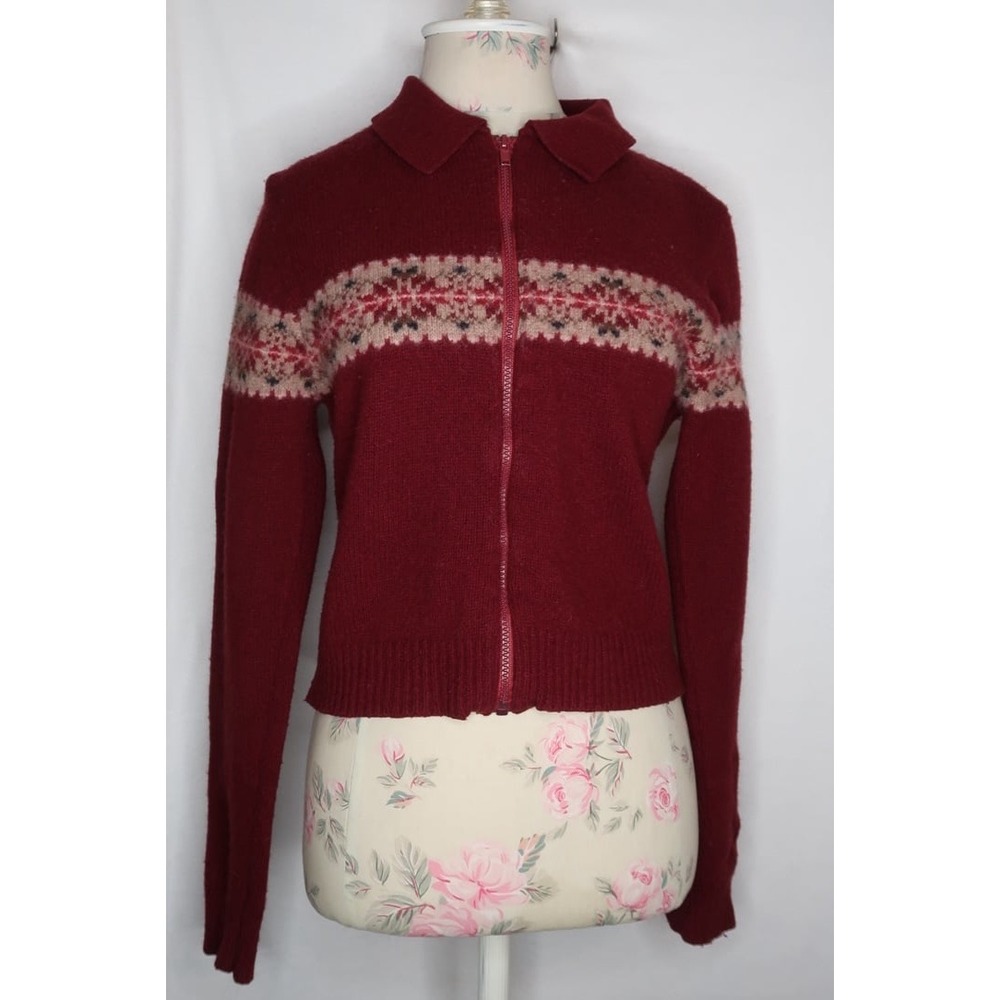Brandy Melville Halona Sweater Burgundy Fair Isle Zip Up Wool Womens Small